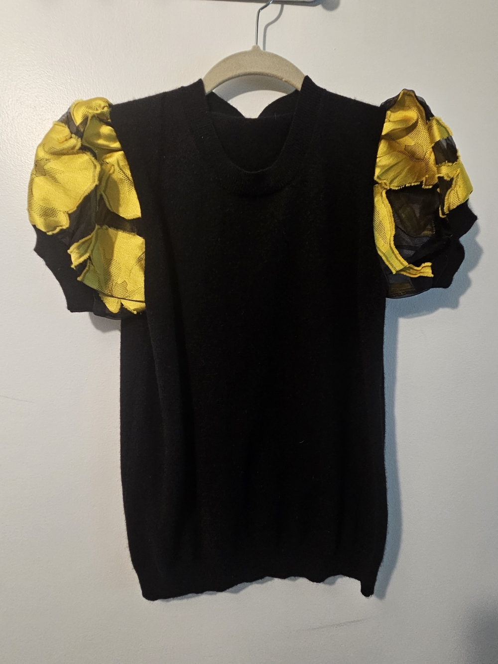 Black Knit Top with Yellow Puff Sleeves